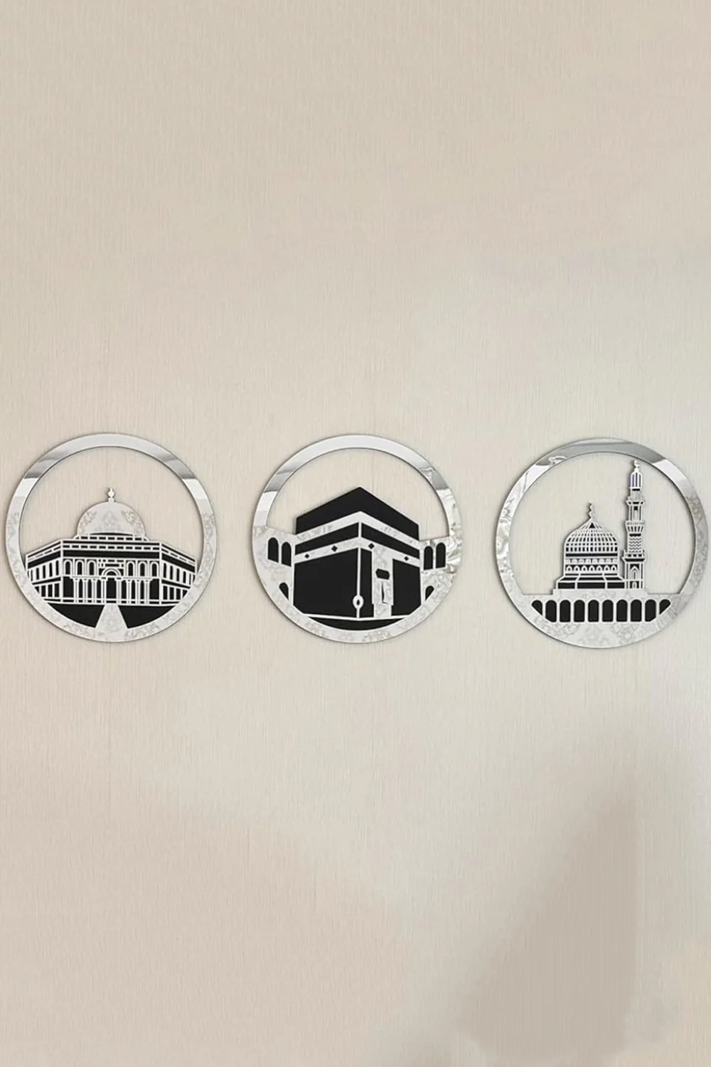 Ensemble d'Art Mural Islamique Rond 30x30 cm – Masjid Al-Haram, Masjid Al-Aqsa, Masjid An-Nabawi | Décoration Murale Islamique - Image 4