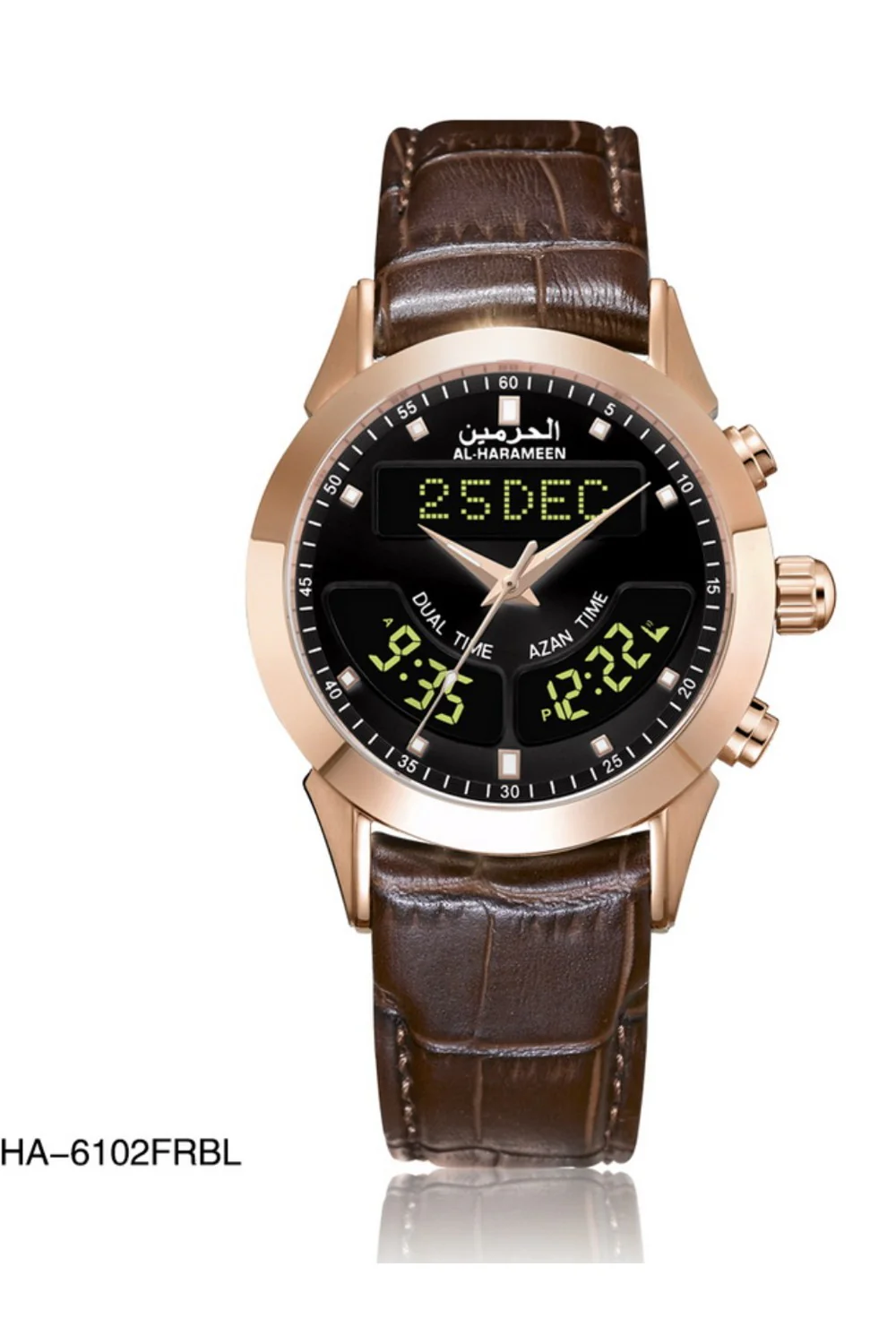 Montre de luxe originale AL-HARAMEEN HA-6102 Montre horaires Azan Boîte-cadeau en cuir, Montre azan analogique-numérique - Image 3